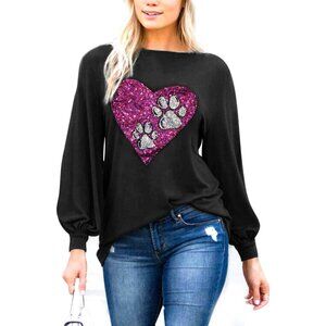 Women's Black Dog Paw Casual Long Puff Sleeve Boat Neck T Shirts Tunic Top